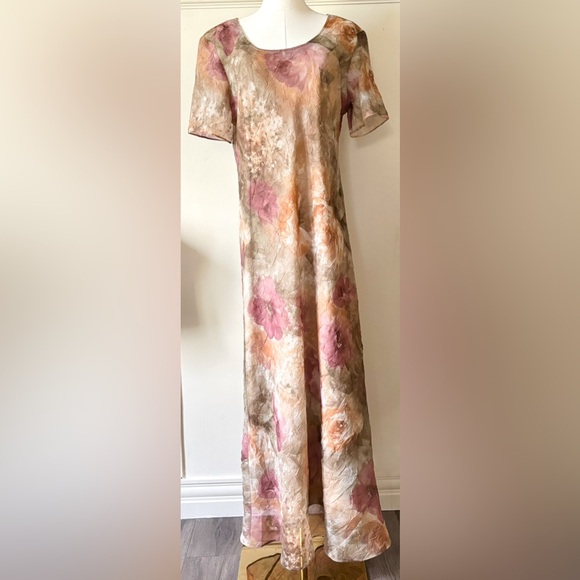 Vintage 90s Short Sleeve Bohemian Earth Tone Water‎ Colour Floral Maxi Dress - Picture 7 of 15